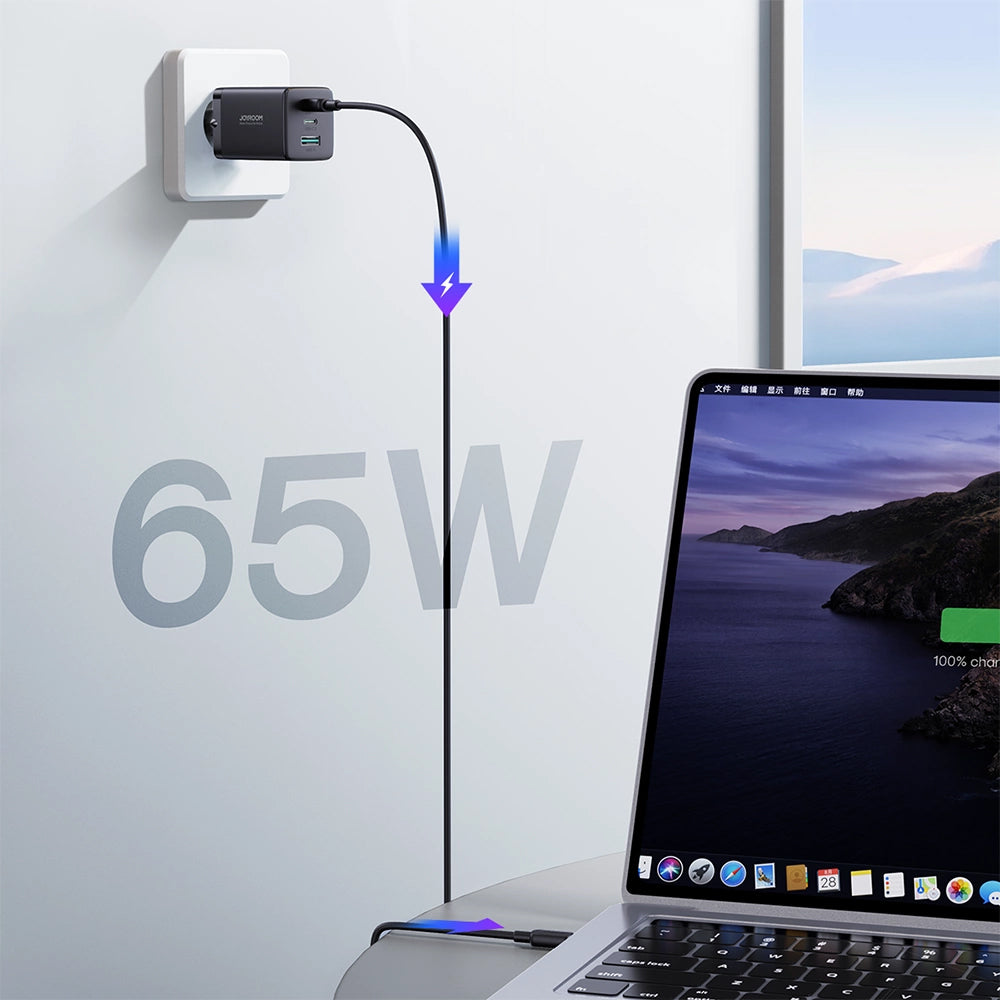 Nettlader med USB-C-kabel Joyroom TCG01, 65W, 3.25A, 1 x USB-A - 2 x USB-C, Svart