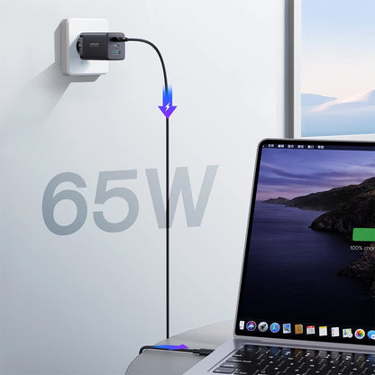 Nettlader med USB-C-kabel Joyroom TCG01, 65W, 3.25A, 1 x USB-A - 2 x USB-C, Svart
