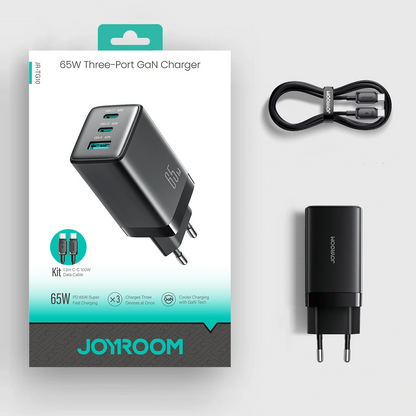 Nettlader med USB-C-kabel Joyroom JR-TG10, 65W, 3,25A, 1 x USB-A - 2 x USB-C, Svart