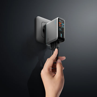 Nettlader med USB-C-kabel Cuktech AD1204U Display, 120W, 6A, 1 x USB-A - 2 x USB-C, Sølv