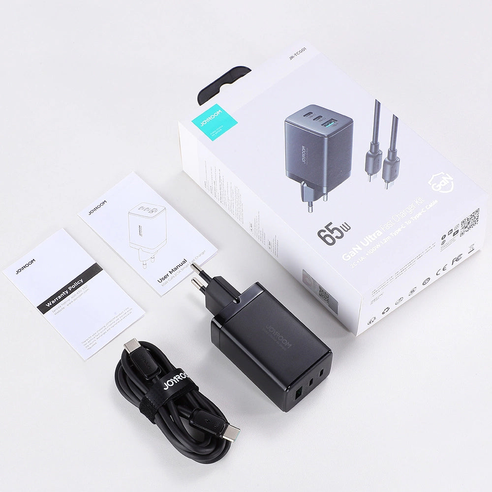 Nettlader med USB-C-kabel Joyroom TCG01, 65W, 3.25A, 1 x USB-A - 2 x USB-C, Svart