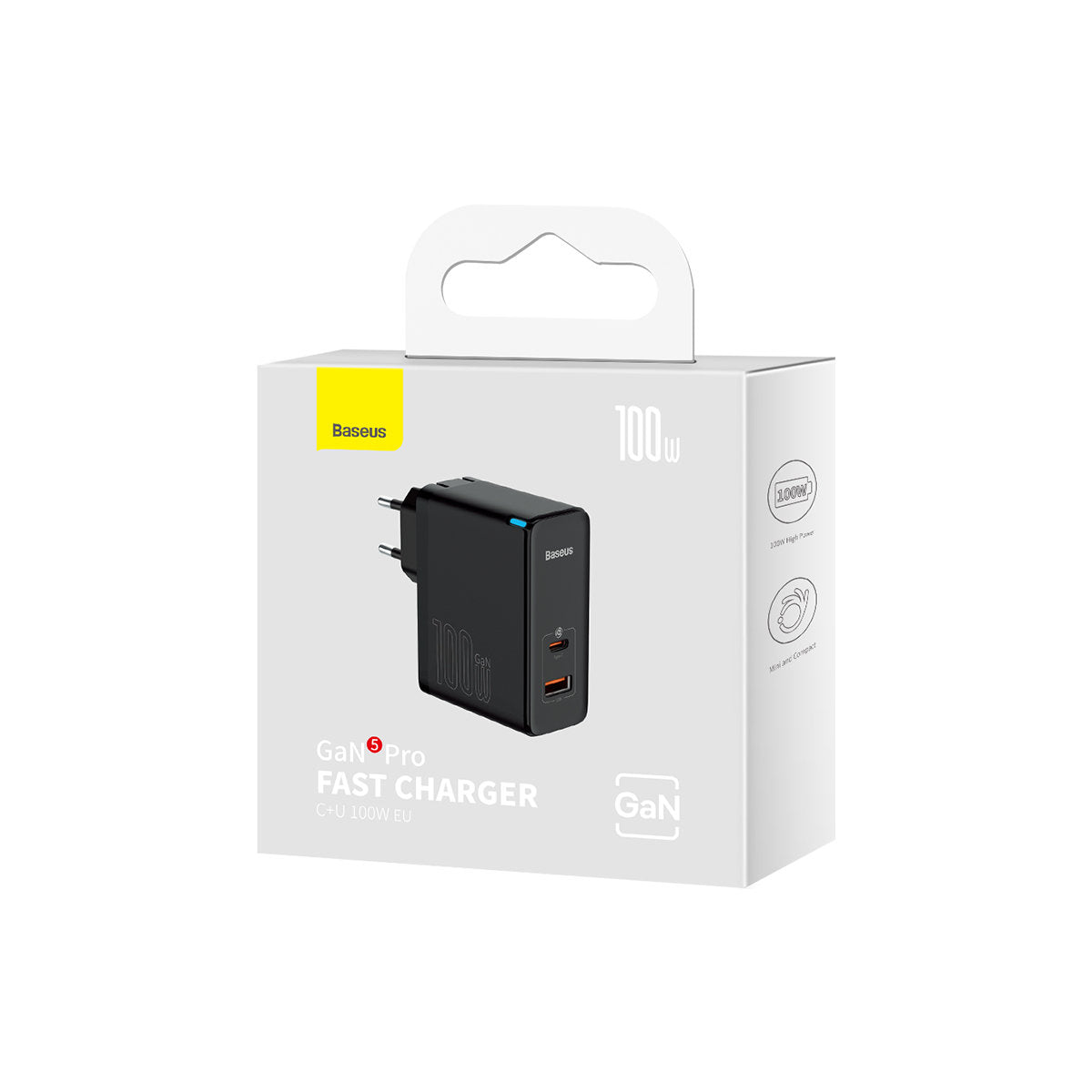 Nettlader med USB-C-kabel Baseus GaN5 Pro, 100W, 3A, 1 x USB-A - 1 x USB-C, Svart CCGP090201