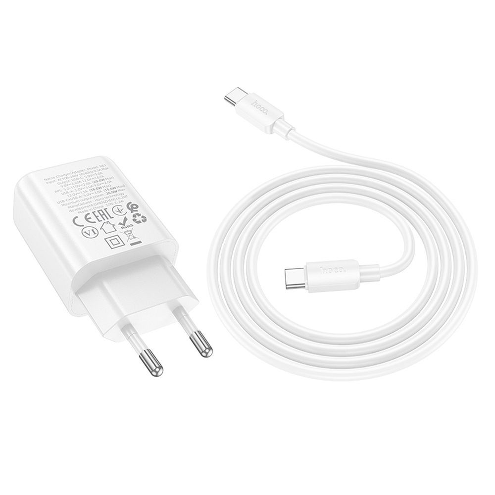 Nettlader med USB-C-kabel HOCO N61, 20W, 3A, 1 x USB-A - 1 x USB-C, Hvit