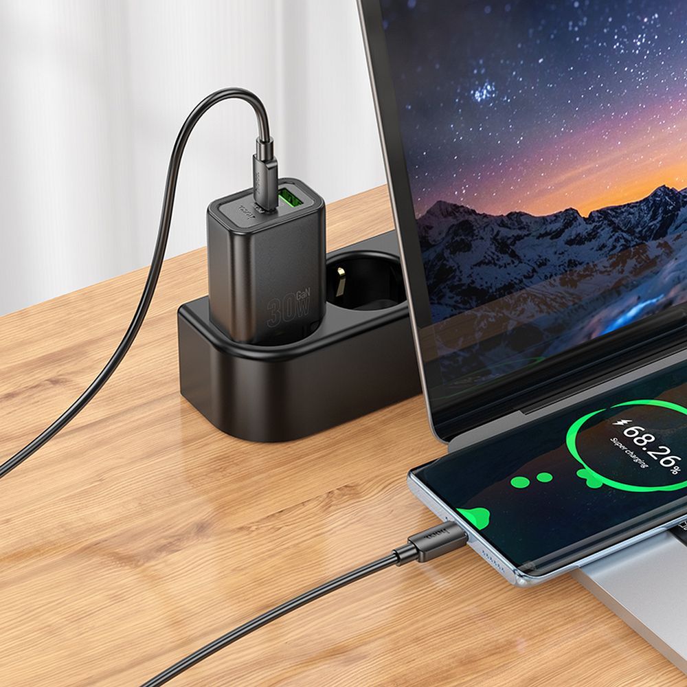 Nettlader med USB-C-kabel HOCO N63, 30W, 3A, 1 x USB-A - 1 x USB-C, Svart