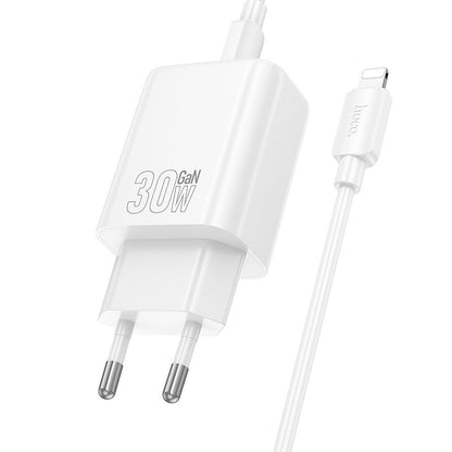 Nettlader med Lightning-kabel HOCO N62, 30W, 3A, 1 x USB-C, Hvit