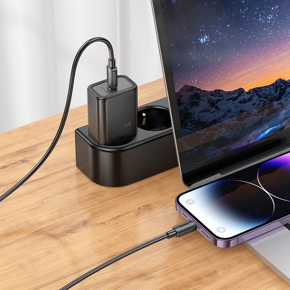 Nettlader med Lightning-kabel HOCO N62, 30W, 3A, 1 x USB-C, Svart