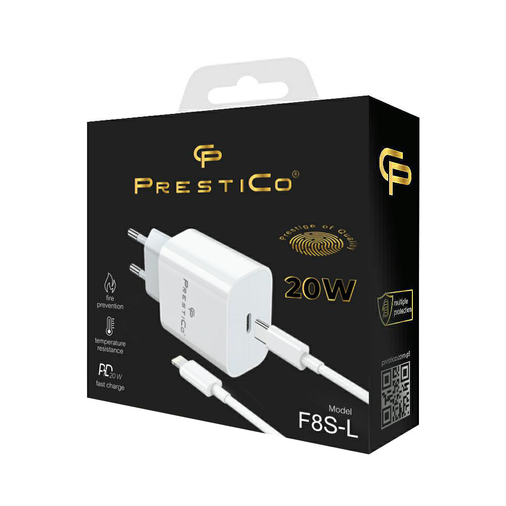 Nettlader med Lightning-kabel Prestico F8S, 20W, 3A, 1 x USB-C, Hvit