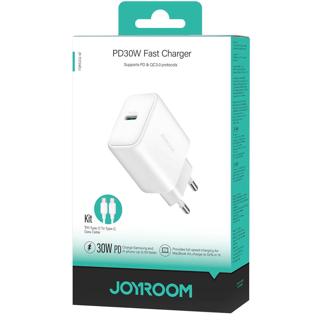 Nettlader med USB-C-kabel Joyroom JR-TCF24, 30W, 3A, 1 x USB-C, Hvit
