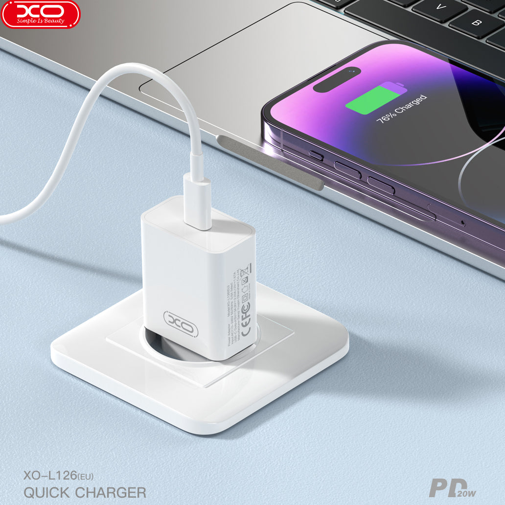 Nettlader med USB-C-kabel XO Design L126, 20W, 3A, 1 x USB-C, Hvit