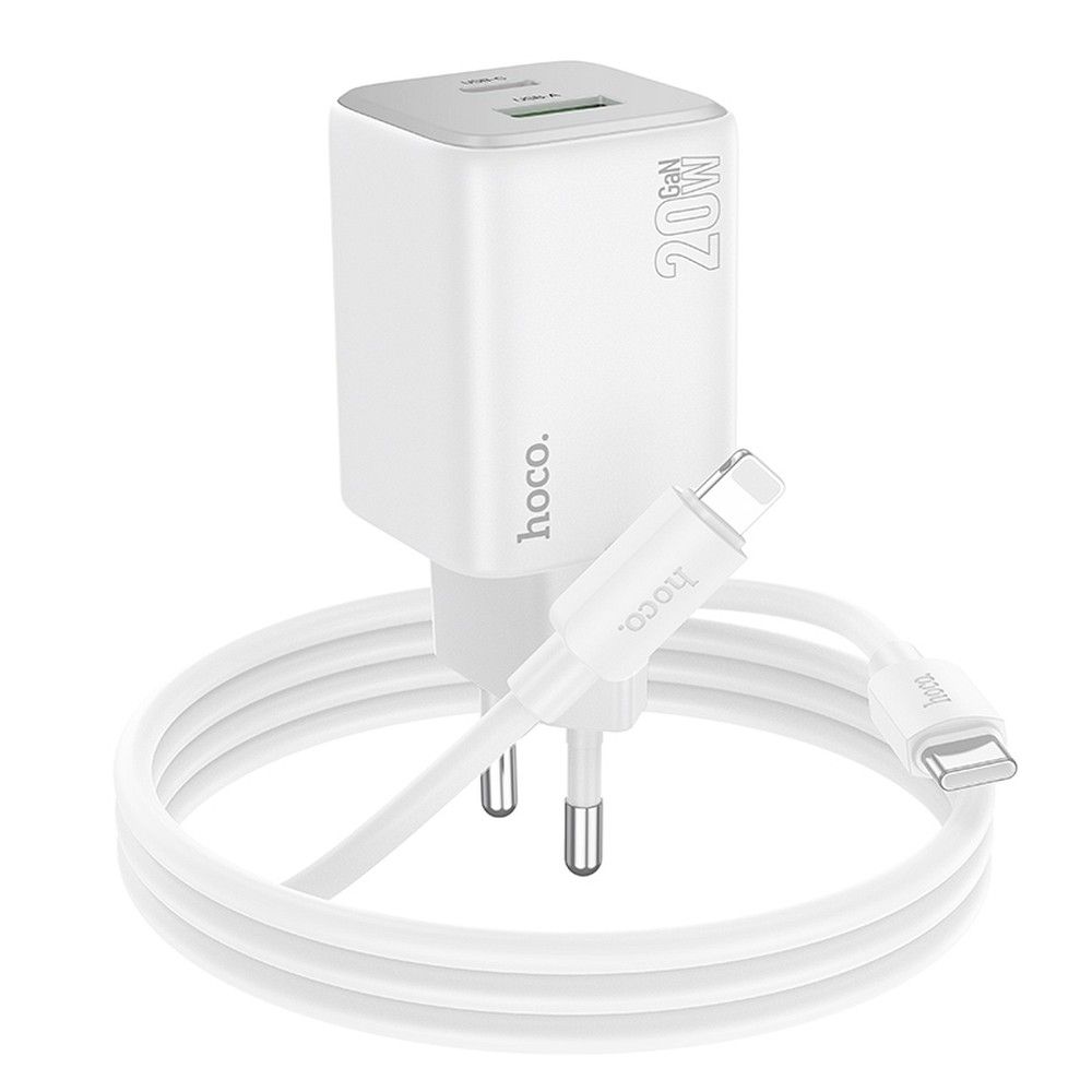 Nettlader med Lightning-kabel HOCO N41, 20W, 3A, 1 x USB-A - 1 x USB-C, Hvit