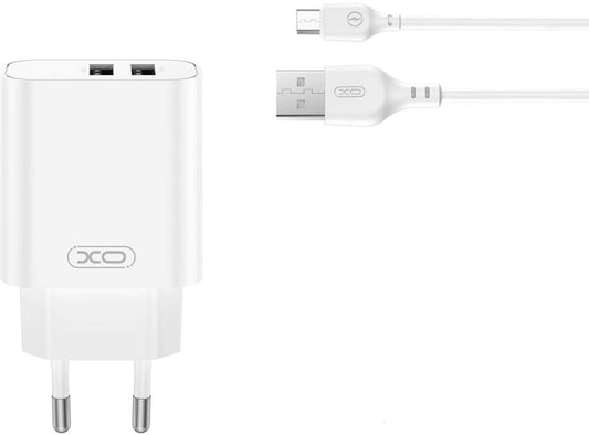 Nettlader med microUSB-kabel XO Design CE34, 12W, 2.4A, 2 x USB-A, Hvit