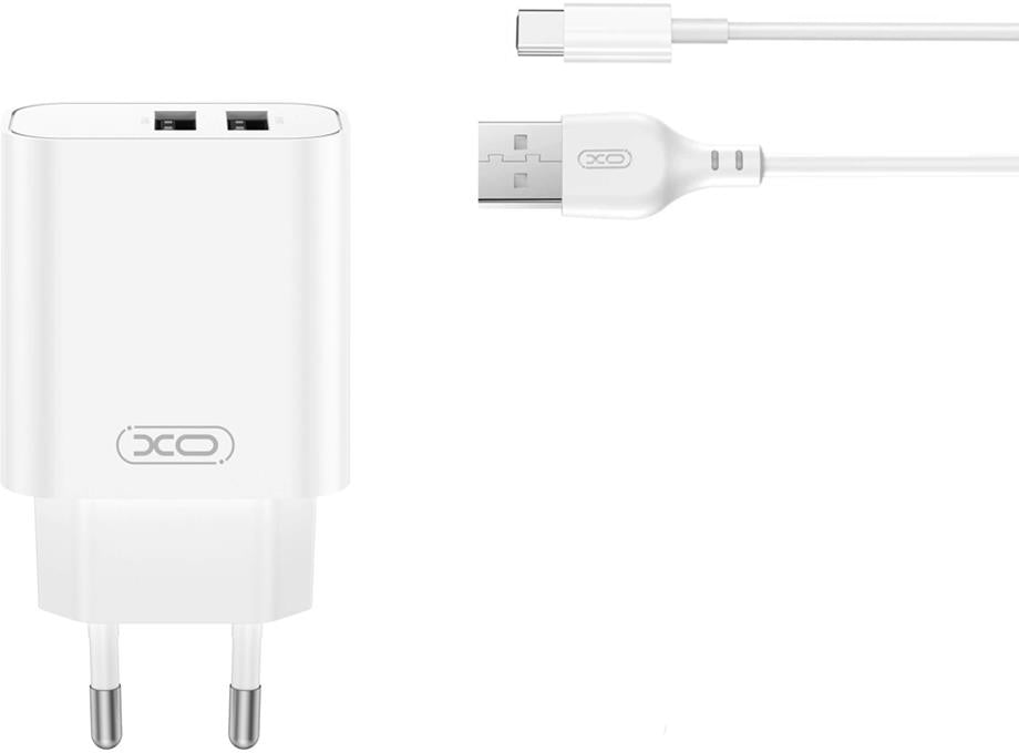 Nettlader med USB-C-kabel XO Design CE34, 12W, 2.4A, 2 x USB-A, Hvit