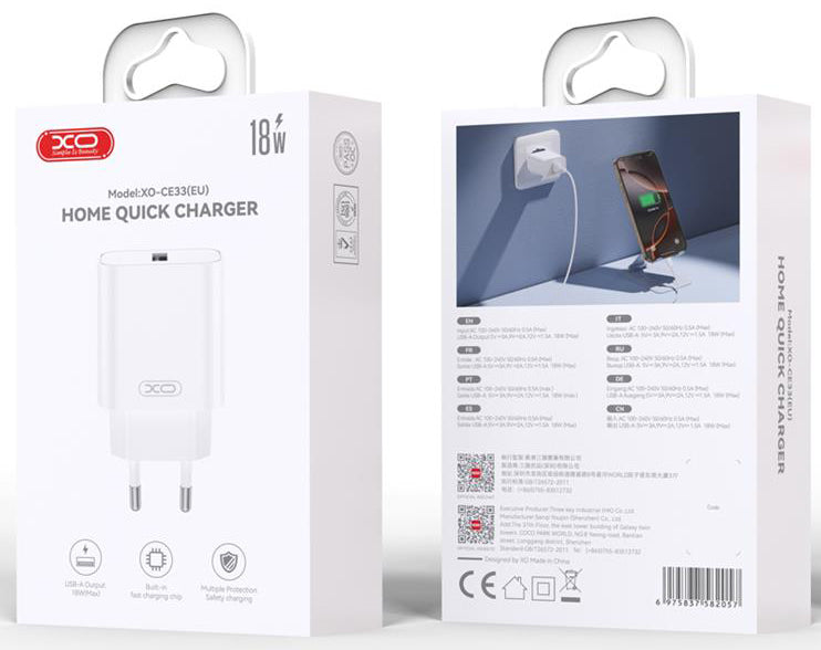 Nettlader med Lightning-kabel XO Design CE33, 18W, 3A, 1 x USB-A, Hvit