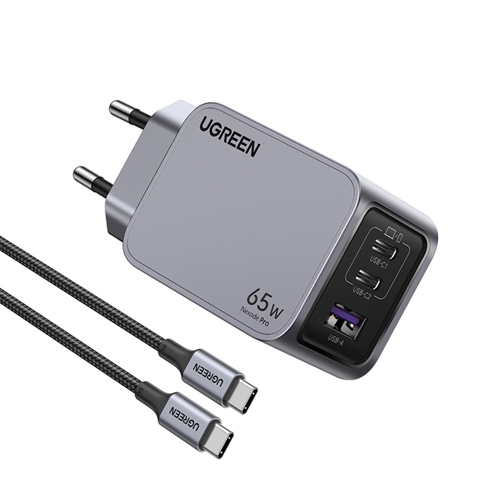 Nettlader med USB-C-kabel UGREEN X755 Nexode Pro, 65W, 3A, 1 x USB-A - 2 x USB-C, Grå