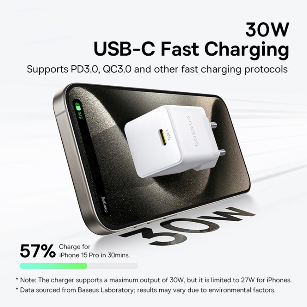 Nettlader med USB-C-kabel Baseus Palm, 30W, 3A, 1 x USB-C, Hvit P10111605213-01