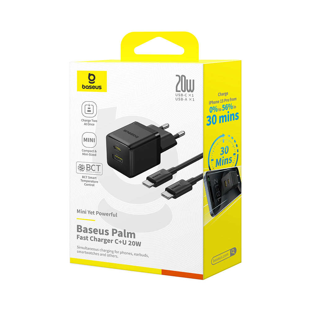 Nettlader med USB-C-kabel Baseus Palm, 20W, 3A, 1 x USB-A - 1 x USB-C, Svart P10111608113-01