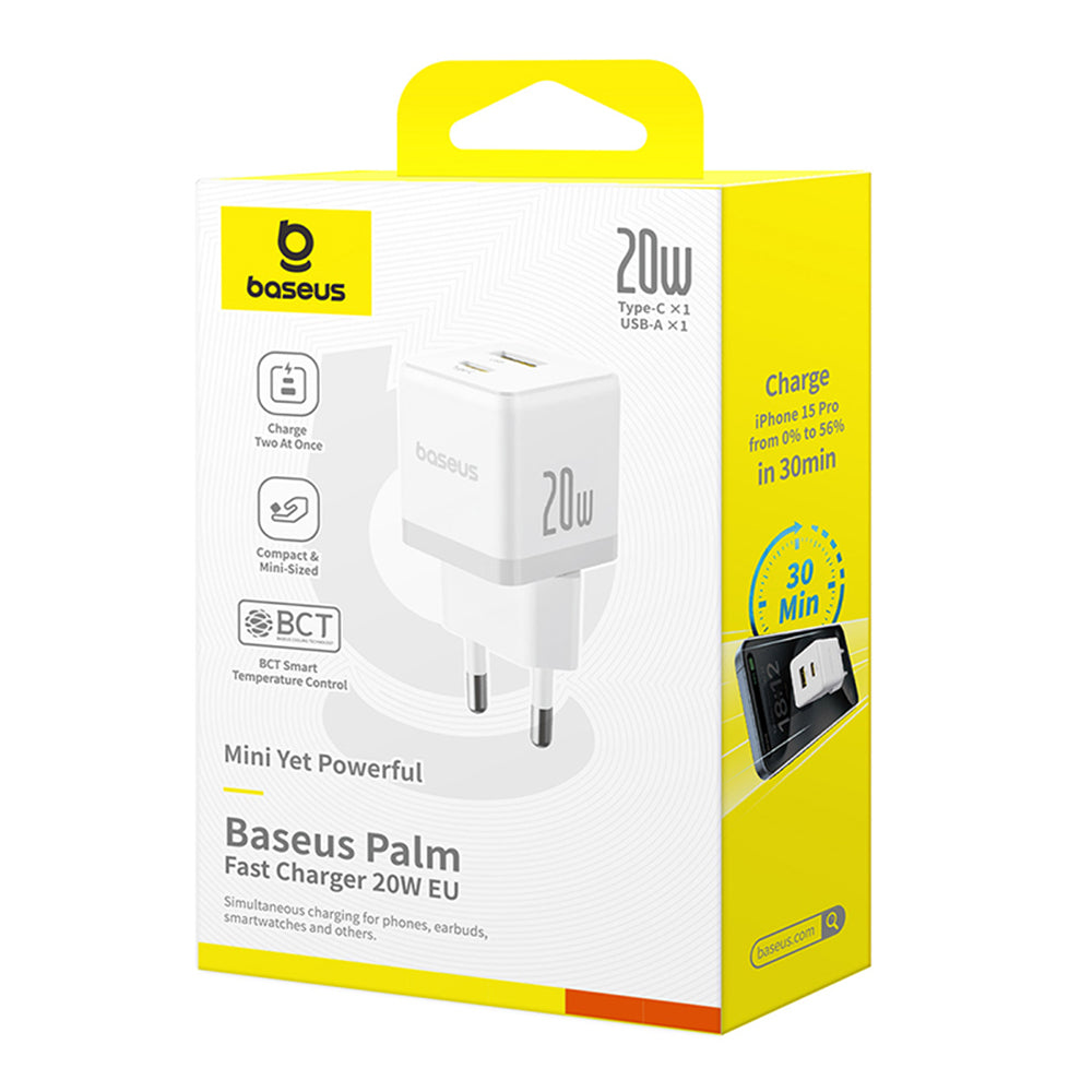 Nettlader med USB-C-kabel Baseus Palm, 20W, 3A, 1 x USB-A - 1 x USB-C, Hvit P10111608213-01