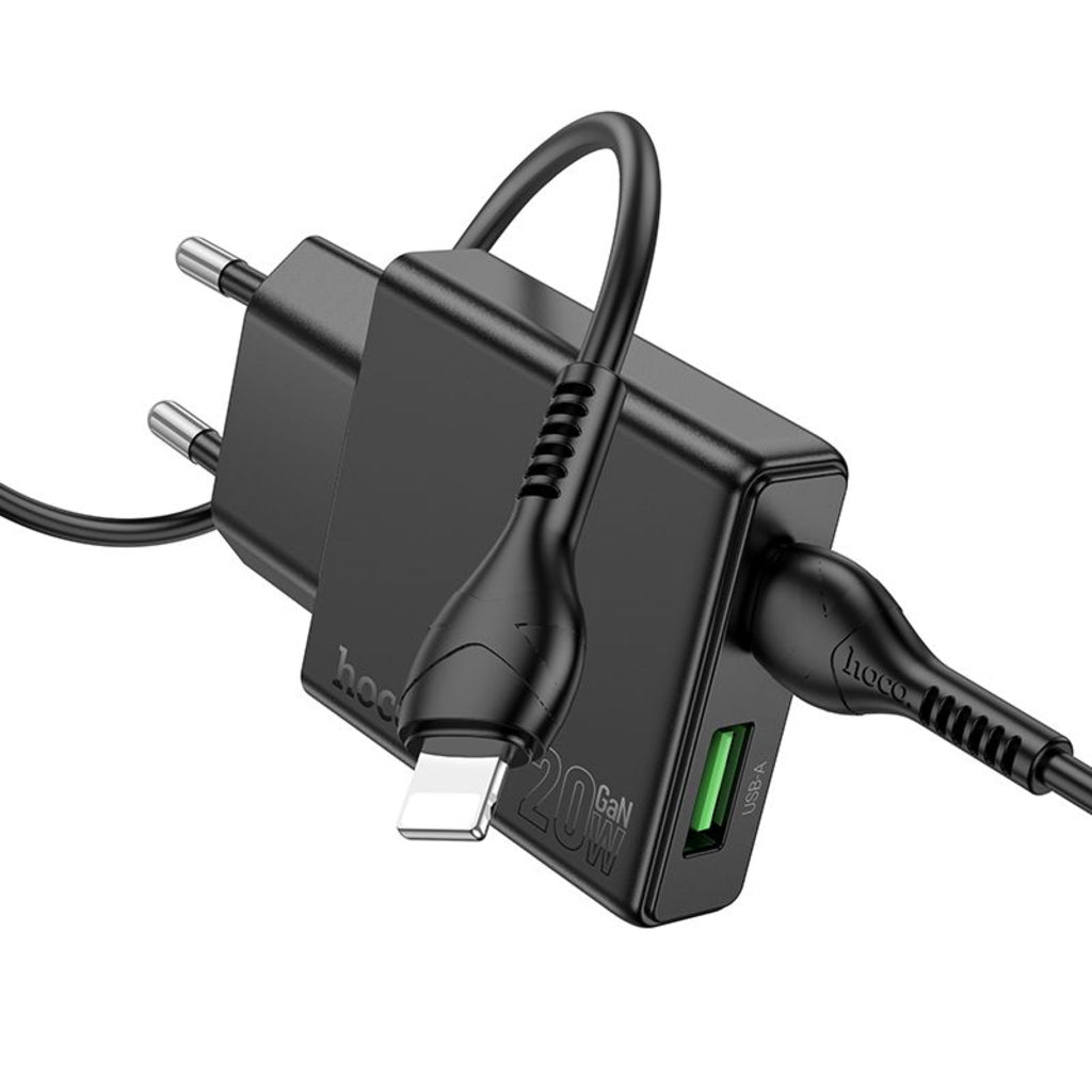 Nettlader med Lightning-kabel HOCO N38, 20W, 3A, 1 x USB-A - 1 x USB-C, Svart