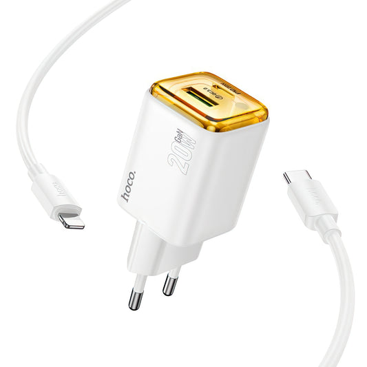 Nettlader med Lightning-kabel HOCO N52, 20W, 3A, 1 x USB-A - 1 x USB-C, Hvit