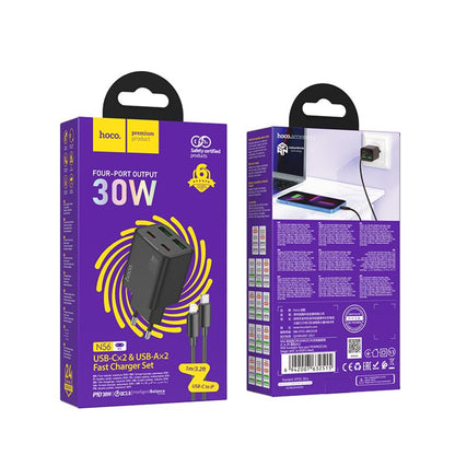 Nettlader med Lightning-kabel HOCO N56, 30W, 3A, 2 x USB-A - 2 x USB-C, Svart