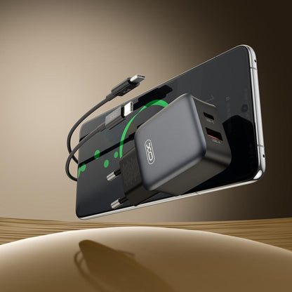 Nettlader med USB-C-kabel XO Design L156, 30W, 3A, 1 x USB-A - 1 x USB-C, Svart