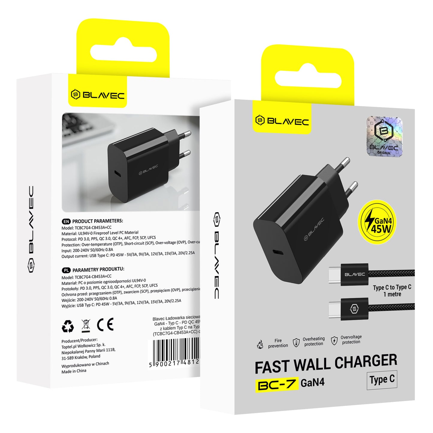 Nettlader med USB-C-kabel Blavec BC-7, 45W, 3A, 1 x USB-C, Svart