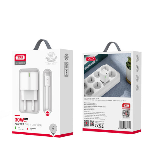 Nettlader med USB-C-kabel XO Design CE06, 30W, 3A, 1 x USB-C, Hvit