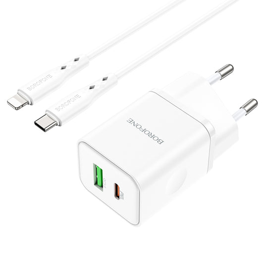 Nettlader med Lightning-kabel Borofone BN7, 20W, 3A, 1 x USB-A - 1 x USB-C, Hvit