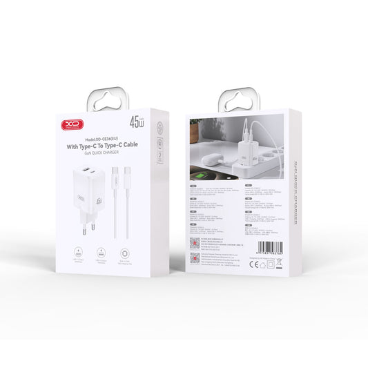 Nettlader med USB-C-kabel XO Design CE36, 45W, 3A, 1 x USB-A - 1 x USB-C, Hvit