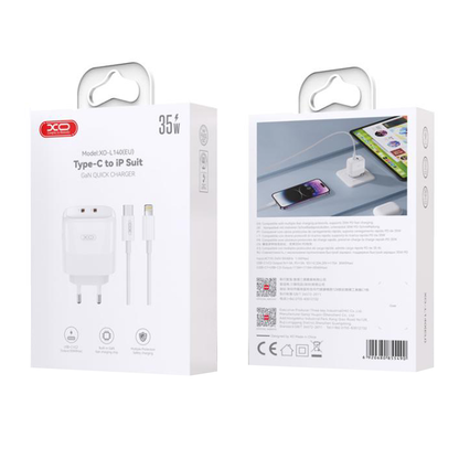 Nettlader med Lightning-kabel XO Design L140, 35W, 3A, 2 x USB-C, Hvit