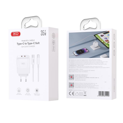 Nettlader med USB-C-kabel XO Design L140, 35W, 3A, 2 x USB-C, Hvit