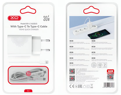 Nettlader med USB-C-kabel XO Design L162, 30W, 3A, 1 x USB-C, Hvit