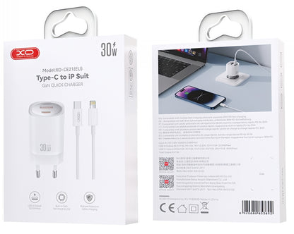 Nettlader med Lightning-kabel XO Design CE21, 30W, 3A, 1 x USB-A - 1 x USB-C, Hvit