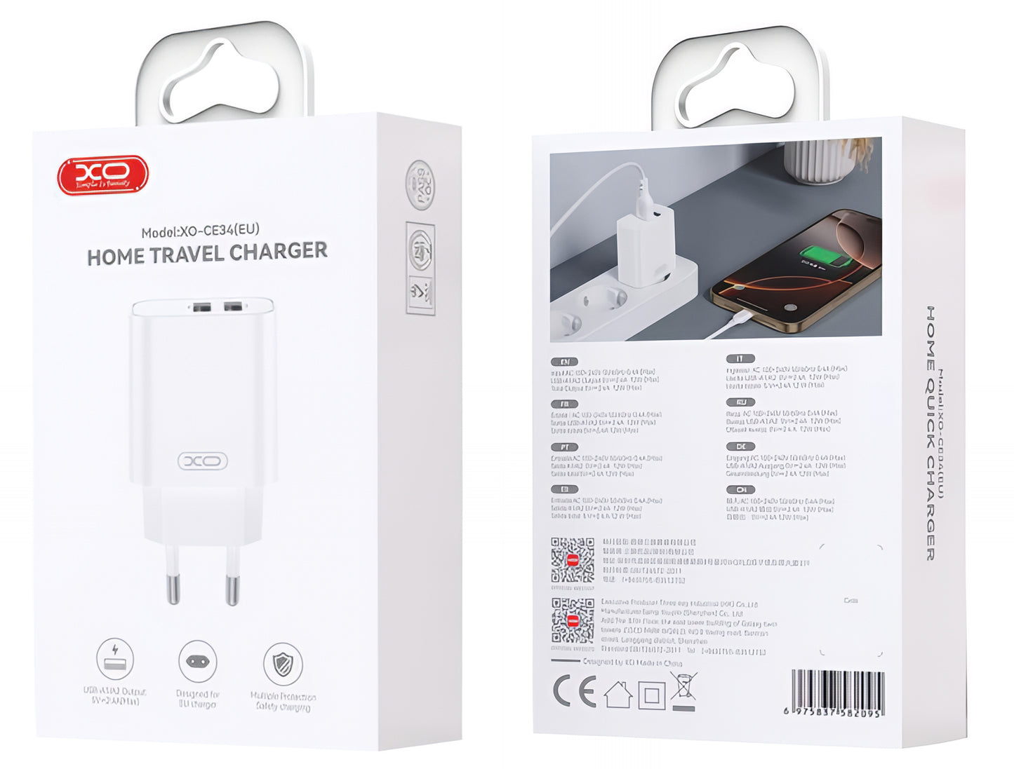 Nettlader med Lightning-kabel XO Design CE34, 12W, 2.4A, 2 x USB-A, Hvit