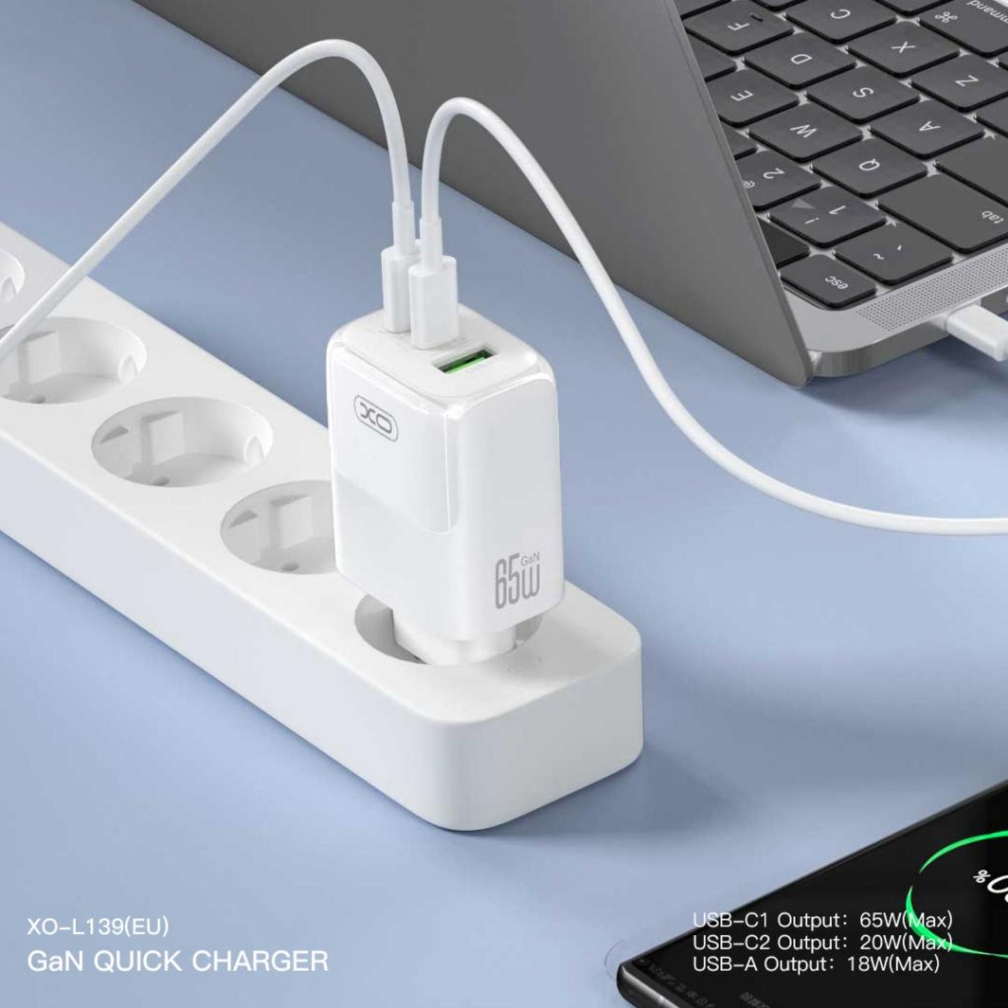 Nettlader med USB-C-kabel XO Design L139, 65W, 4.5A, 1 x USB-A - 2 x USB-C, Hvit