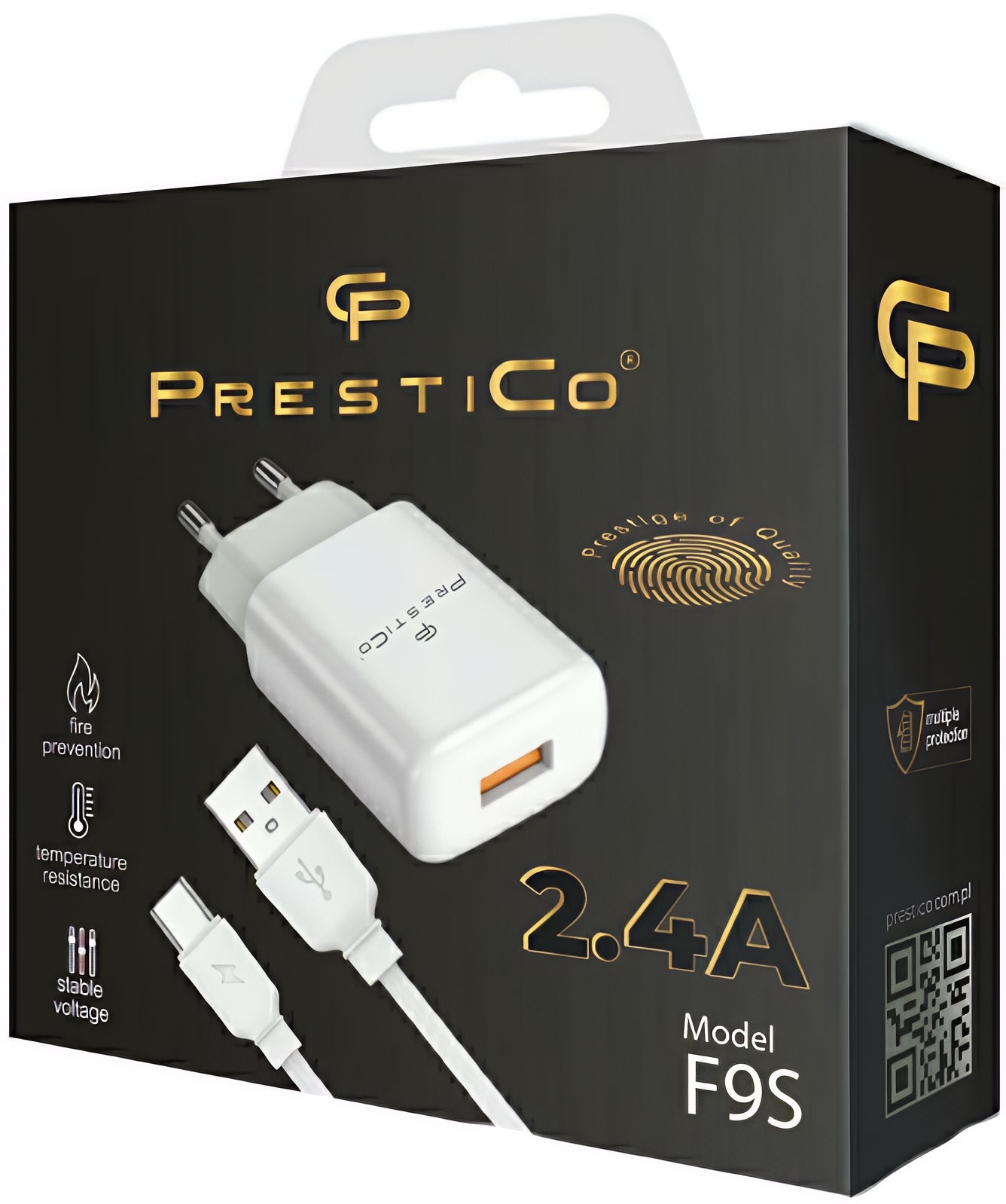 Nettlader med USB-C-kabel Prestico F9S, 12W, 2.4A, 1 x USB-A, Hvit