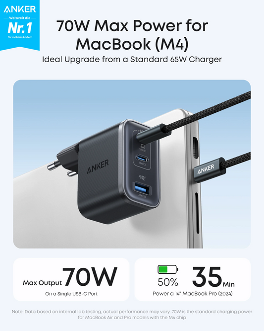 Nettlader med USB-C-kabel Anker Nano, 70W, 3.5A, 1 x USB-A - 2 x USB-C, Grå B121A311