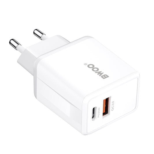 Nettlader med USB-C-kabel BWOO CDA182, 38W, 3A, 1 x USB-A - 1 x USB-C, Hvit