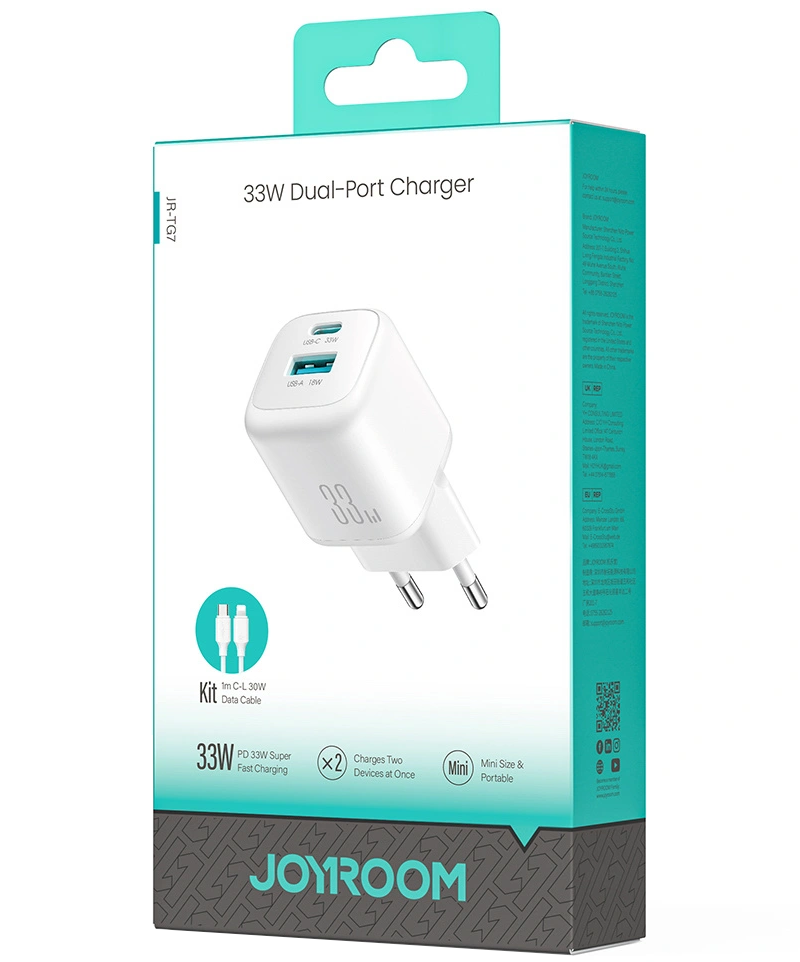 Nettlader med Lightning-kabel Joyroom JR-TG7, 33W, 3A, 1 x USB-A - 1 x USB-C, Hvit