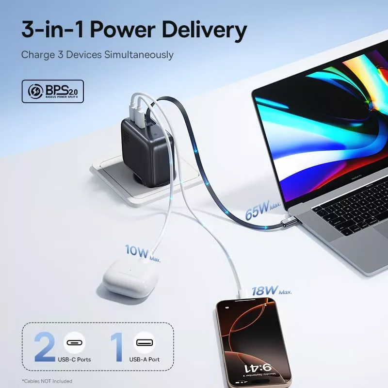 Nettlader med USB-C-kabel Baseus EnerCore CJ11, 100W, 1 x USB-A - 2 x USB-C, Svart E0120M00