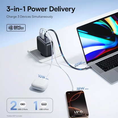Nettlader med USB-C-kabel Baseus EnerCore CJ11, 100W, 1 x USB-A - 2 x USB-C, Svart E0120M00