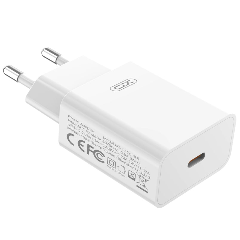 Nettlader med Lightning-kabel XO Design L126, 20W, 3A, 1 x USB-C, hvit