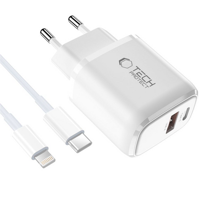 Nettlader med Lightning-kabel Tech-Protect NCA20, 20W, 3A, 1 x USB-A - 1 x USB-C, Hvit