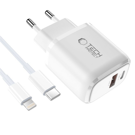 Nettlader med Lightning-kabel Tech-Protect NCA20, 20W, 3A, 1 x USB-A - 1 x USB-C, Hvit