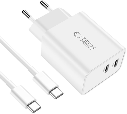Nettlader med USB-C-kabel Tech-Protect C35W, 35W, 3A, 2 x USB-C, hvit