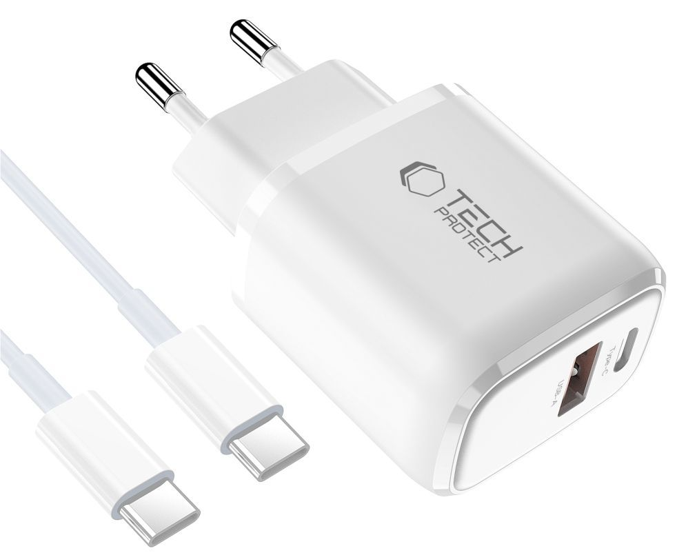 Nettlader med USB-C-kabel Tech-Protect NCA20, 20W, 3A, 1 x USB-A - 1 x USB-C, Hvit