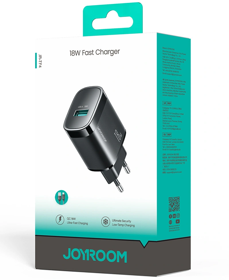 Nettlader med USB-C-kabel Joyroom JR-TF4, 18W, 3A, 1 x USB-A, Svart