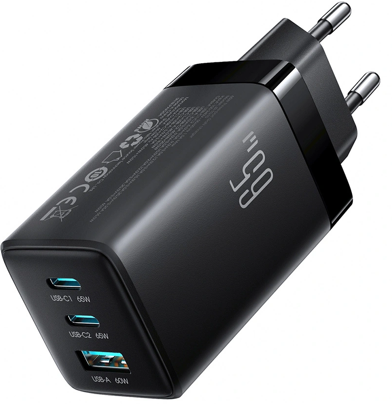 Nettlader med USB-C-kabel Joyroom JR-TG10, 65W, 3,25A, 1 x USB-A - 2 x USB-C, Svart