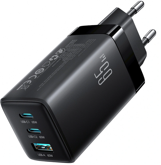 Nettlader med USB-C-kabel Joyroom JR-TG10, 65W, 3,25A, 1 x USB-A - 2 x USB-C, Svart