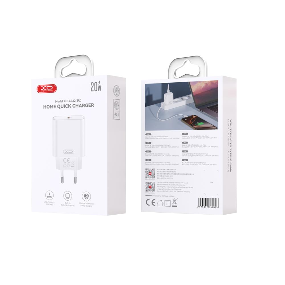 Nettlader med Lightning-kabel XO Design CE32, 20W, 3A, 1 x USB-C, Hvit